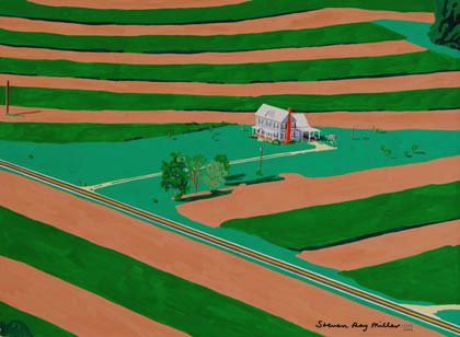 Aerial Farmscape original gouache opaque water color painting by Steven Ray Miller Durham NC artist