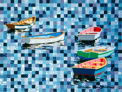 boats and squares original mixed media gouache and cut paper by Steven Ray Miller Durham NC artist